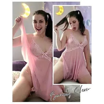 Avidlove Women Lingerie Lace Babydoll V Neck Sexy Sleepwear Strap Chemise with Side Slit Pink