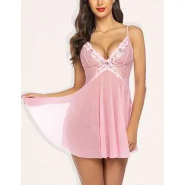 Avidlove Women Lingerie Lace Babydoll V Neck Sexy Sleepwear Strap Chemise with Side Slit Pink