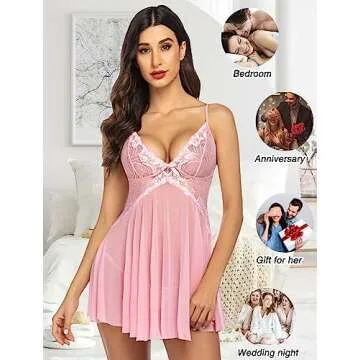 Avidlove Women Lingerie Lace Babydoll V Neck Sexy Sleepwear Strap Chemise with Side Slit Pink