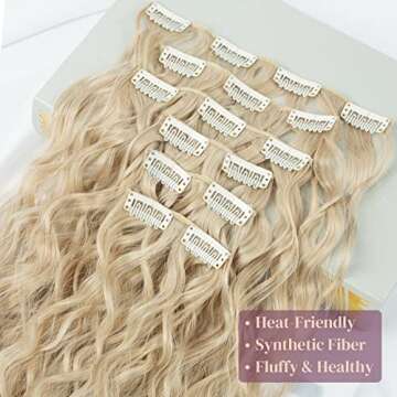 LONAI Clip In Hair Extensions, 6PCS Curly 24" Long Synthetic Clip On Hairpiece For Women Natural Ash Blonde