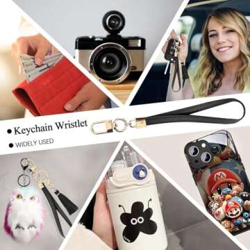 Lostars 2 Sets Leather Phone Wrist Strap, Detachable Cellphone Lanyard with Tether Tab, Elastic Hands-Free Wristlet Bracelet for Women (Black-1)