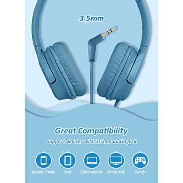 DyBaxa Kids Headphones Wired, Foldable On Ear Headset, Volume Limiter 94dB, Over-Ear Headphones for Kids School Online Classes Travel Children, 3.5mm Jack Compatible Smartphones Tablet, Dark Blue