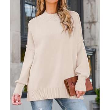 ZESICA Women's Fall Casual Long Sleeve Crew Neck Side Slit Oversized Ribbed Knit Pullover Sweater Tops,Beige,Medium