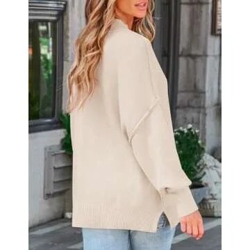 ZESICA Women's Fall Casual Long Sleeve Crew Neck Side Slit Oversized Ribbed Knit Pullover Sweater Tops,Beige,Medium