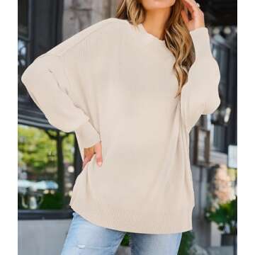ZESICA Women's Fall Casual Long Sleeve Crew Neck Side Slit Oversized Ribbed Knit Pullover Sweater Tops,Beige,Medium
