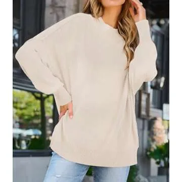 ZESICA Women's Fall Casual Long Sleeve Crew Neck Side Slit Oversized Ribbed Knit Pullover Sweater Tops,Beige,Medium