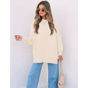 ZESICA Women's Fall Casual Long Sleeve Crew Neck Side Slit Oversized Ribbed Knit Pullover Sweater Tops,Beige,Medium