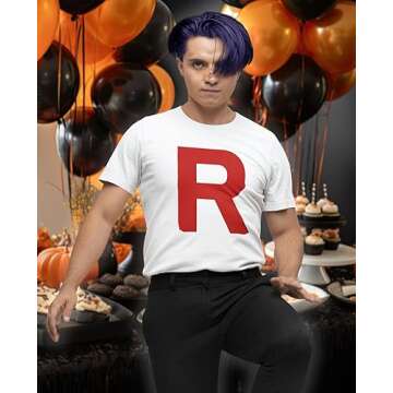 Team Rocket Mens Shirt R Print Anime Theme Halloween Costume T-Shirt for Men
