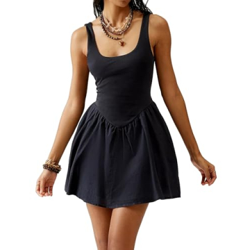 DURUNUL Women Drop Waist Mini Tank Dress Summer Casual Sleeveless Dresses Patchwork Scoop Neck Tank Top Flowy Short Dress Black, Small