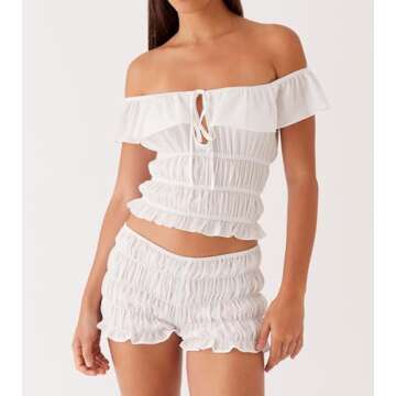 NUFIWI Women Y2k Ruched Mini Shorts Low Waist Ruffle Frill Bloomers Lounge Pajamas Shorts Smocked Micro Shorts Sleepwear(Basic White,Small)