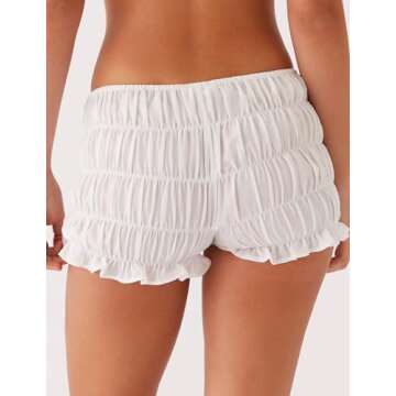 NUFIWI Women Y2k Ruched Mini Shorts Low Waist Ruffle Frill Bloomers Lounge Pajamas Shorts Smocked Micro Shorts Sleepwear(Basic White,Small)