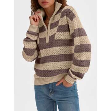 LILLUSORY Women's Quarter Zip Pullover V Neck Crochet Striped Sweater 2025 Cotton Color Block Trendy Knit Tops
