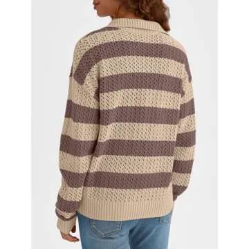 LILLUSORY Women's Quarter Zip Pullover V Neck Crochet Striped Sweater 2025 Cotton Color Block Trendy Knit Tops