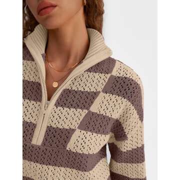 LILLUSORY Women's Quarter Zip Pullover V Neck Crochet Striped Sweater 2025 Cotton Color Block Trendy Knit Tops