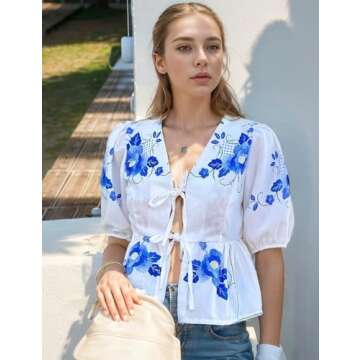 Yimoon Women's Y2K Bow Tie Front Babydoll Blouse Puff Short Sleeve Peplum Ruffle Hem Summer Going Out Tops (Blue-S)