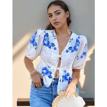 Yimoon Women's Y2K Bow Tie Front Babydoll Blouse Puff Short Sleeve Peplum Ruffle Hem Summer Going Out Tops (Blue-S)