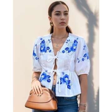 Yimoon Women's Y2K Bow Tie Front Babydoll Blouse Puff Short Sleeve Peplum Ruffle Hem Summer Going Out Tops (Blue-S)