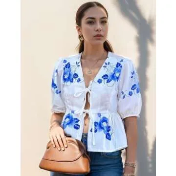 Yimoon Women's Y2K Bow Tie Front Babydoll Blouse Puff Short Sleeve Peplum Ruffle Hem Summer Going Out Tops (Blue-S)