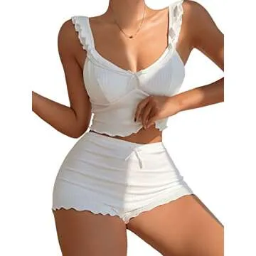 SHENHE Women's Causal Lace Trim Sleepwear Cami Top and Shorts Pajama Sets White M