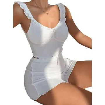SHENHE Women's Causal Lace Trim Sleepwear Cami Top and Shorts Pajama Sets White M