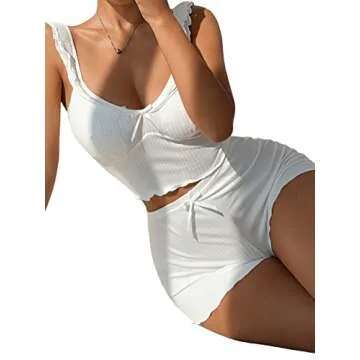 SHENHE Women's Causal Lace Trim Sleepwear Cami Top and Shorts Pajama Sets White M