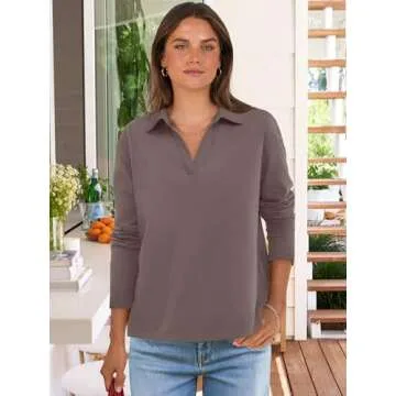 ANRABESS Women Long Sleeve Polo Shirts Casual V Neck Collared Boxy Fit Dressy Work Blouse Top Spring...