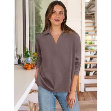 ANRABESS Women Long Sleeve Polo Shirts Casual V Neck Collared Boxy Fit Dressy Work Blouse Top Spring Outfits Cofee M