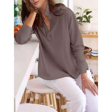 ANRABESS Women Long Sleeve Polo Shirts Casual V Neck Collared Boxy Fit Dressy Work Blouse Top Spring Outfits Cofee M