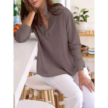 ANRABESS Women Long Sleeve Polo Shirts Casual V Neck Collared Boxy Fit Dressy Work Blouse Top Spring Outfits Cofee M
