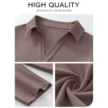 ANRABESS Women Long Sleeve Polo Shirts Casual V Neck Collared Boxy Fit Dressy Work Blouse Top Spring Outfits Cofee M