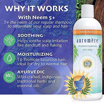 Auromere Ayurvedic Shampoo, Neem + 5 - Vegan, Cruelty Free, Non-GMO, Natural, Gluten Free, Sulfate Free, Paraben Free for Normal to Oily Hair (16 fl oz), 1 Pack