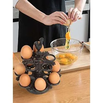 Vixdonos Rustic Egg Holder Cast Iron Egg Rack Rooster Egg Tray for 12 Fresh Eggs