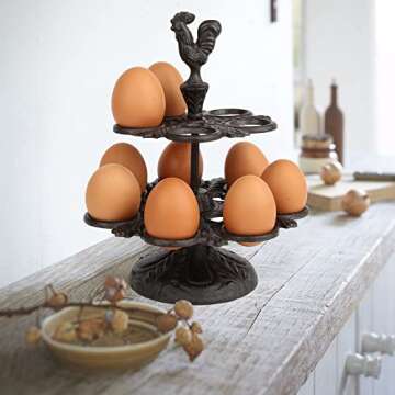 Vixdonos Rustic Egg Holder Cast Iron Egg Rack Rooster Egg Tray for 12 Fresh Eggs