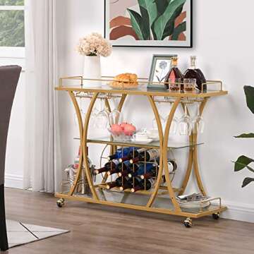 HOMYSHOPY Bar Serving Cart with Glass Holder and Wine Rack, 3-Tier Kitchen Trolley Tempered Shelves ...