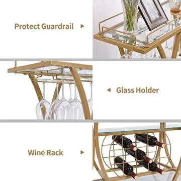 HOMYSHOPY Bar Serving Cart with Glass Holder and Wine Rack, 3-Tier Kitchen Trolley Tempered Shelves Gold-Finished Metal Frame, Mobile for Home (Gold)