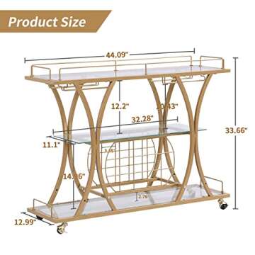 HOMYSHOPY Bar Serving Cart with Glass Holder and Wine Rack, 3-Tier Kitchen Trolley Tempered Shelves Gold-Finished Metal Frame, Mobile for Home (Gold)