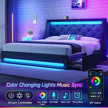 Rolanstar Twin Bed Frame with LED Lights and Charging Station, Upholstered Bed with Drawers, Wooden Slats, Noise Free, Easy Assembly, Dark Gray
