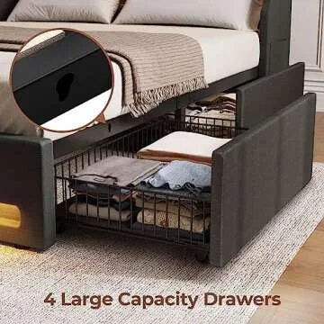 Rolanstar Twin Bed Frame with LED Lights and Charging Station, Upholstered Bed with Drawers, Wooden Slats, Noise Free, Easy Assembly, Dark Gray