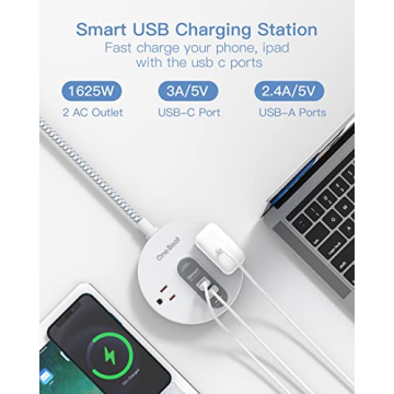 Compact Power Strip Surge Protector with USB-C for Fast Charging