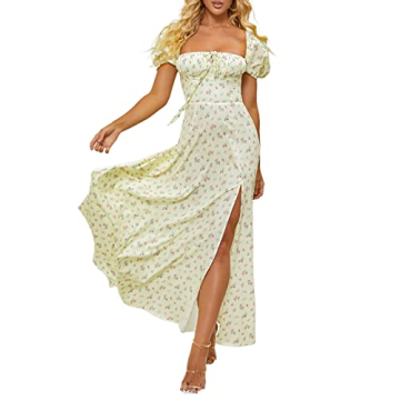 Women's Summer Puff Sleeve Floral Print Split Maxi Dress Flowy A Line Casual Beach Long Dresses-Yell...