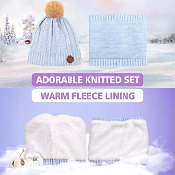 POXIMI Baby Warm Hat Toddler Scarf Boy Beanie Hats Girl Cap Knitted Neck Warmer Infant Scarves Fleece Lining Kids Pompom Beanies Hats Circle Loop Scarf Set (Blue Set, 1-2T)