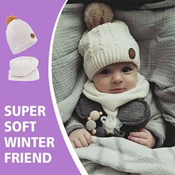 POXIMI Baby Warm Hat Toddler Scarf Boy Beanie Hats Girl Cap Knitted Neck Warmer Infant Scarves Fleece Lining Kids Pompom Beanies Hats Circle Loop Scarf Set (Blue Set, 1-2T)