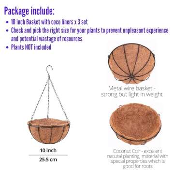 LaLaGreen Hanging Baskets for Plants (3 Pack, 10 Inch) Hanging Planter Outdoor with Coco Liner, Meta...