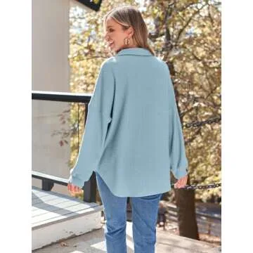 AUTOMET Womens Fall Cothes 2025 Fashion Country Concert Outfits Waffle Knit Shackets Corduroy Jackets Button Down Shirts Tops SkyBlue L