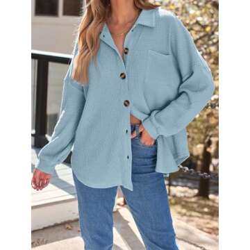 AUTOMET Womens Fall Cothes 2025 Fashion Country Concert Outfits Waffle Knit Shackets Corduroy Jackets Button Down Shirts Tops SkyBlue L