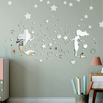 2Pcs Mermaid 3D Acrylic Mirror Wall Decal, Dreamlike Sliver Bubble and Little Star Wall Sticker, DIL...