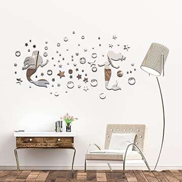 2Pcs Mermaid 3D Acrylic Mirror Wall Decal, Dreamlike Sliver Bubble and Little Star Wall Sticker, DILIBRA Modern DIY Art Mermaid Wall Decor for Girls Room Bathroom Bedroom Livingroom