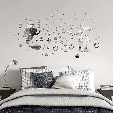 2Pcs Mermaid 3D Acrylic Mirror Wall Decal, Dreamlike Sliver Bubble and Little Star Wall Sticker, DILIBRA Modern DIY Art Mermaid Wall Decor for Girls Room Bathroom Bedroom Livingroom
