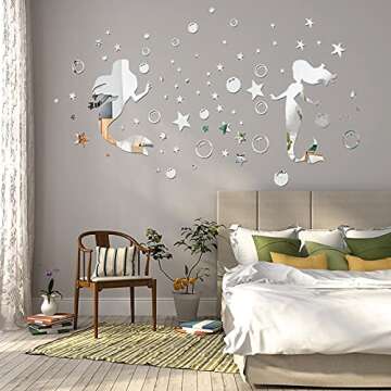 2Pcs Mermaid 3D Acrylic Mirror Wall Decal, Dreamlike Sliver Bubble and Little Star Wall Sticker, DILIBRA Modern DIY Art Mermaid Wall Decor for Girls Room Bathroom Bedroom Livingroom