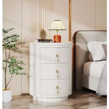 Tribesigns 3 Drawers Nightstand Set of 2, No Assembly Bedside Table Night Stand for Bedroom, Modern Round End Side Table with Storage and Gold Handles, White
